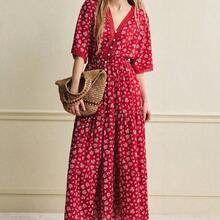 YijiaNvz  Vestido de encaje con estampado floral diminuto elegante, adecuado para vacaciones y uso diario, primavera/verano - Café integral - Ver 4