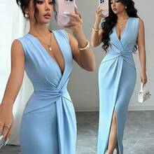 guang zhou mi qian shang mao  Elegante vestido con cuello en V plisado, cintura ceñida y abertura, sexy y elegante, adecuado para uso diario y vacaciones, azul claro, primavera/verano - Burdeos - Ver 4