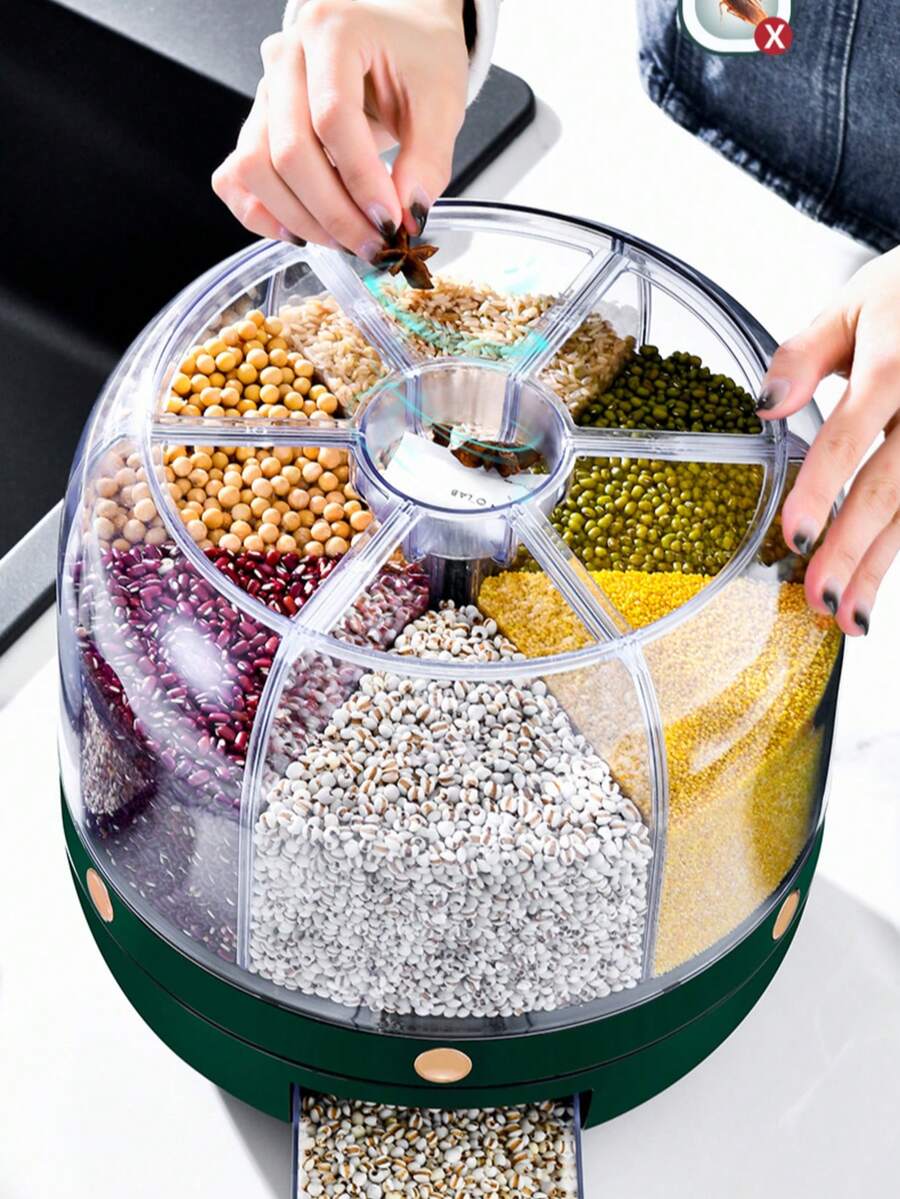 Contenedor de almacenamiento de granos para cocina del hogar, giratorio para cinco granos y granos mixtos, caja de almacenamiento de múltiples compartimentos, contenedor de arroz sellado anti-plagas y anti-humedad para el hogar, contenedor de arroz, plástico, 6 compartimentos, dispensador de contenedor de almacenamiento de granos sellado, contenedor de almacenamiento giratorio 360°, dispensador de alimentos de 6 compartimentos, dispensador de alimentos giratorio 360°, dispensador de granos de arroz de un solo toque, contenedor de almacenamiento de arroz redondo, dispensador de granos, frijoles, arroz, cacahuetes y cebada