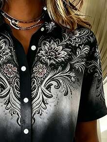 Áo sơ mi nữ size lớn phong cách vintage phương Tây, họa tiết in, cài nút, tay ngắn, kiểu blouse đi du lịch, màu đen - màu đen - Xem 5