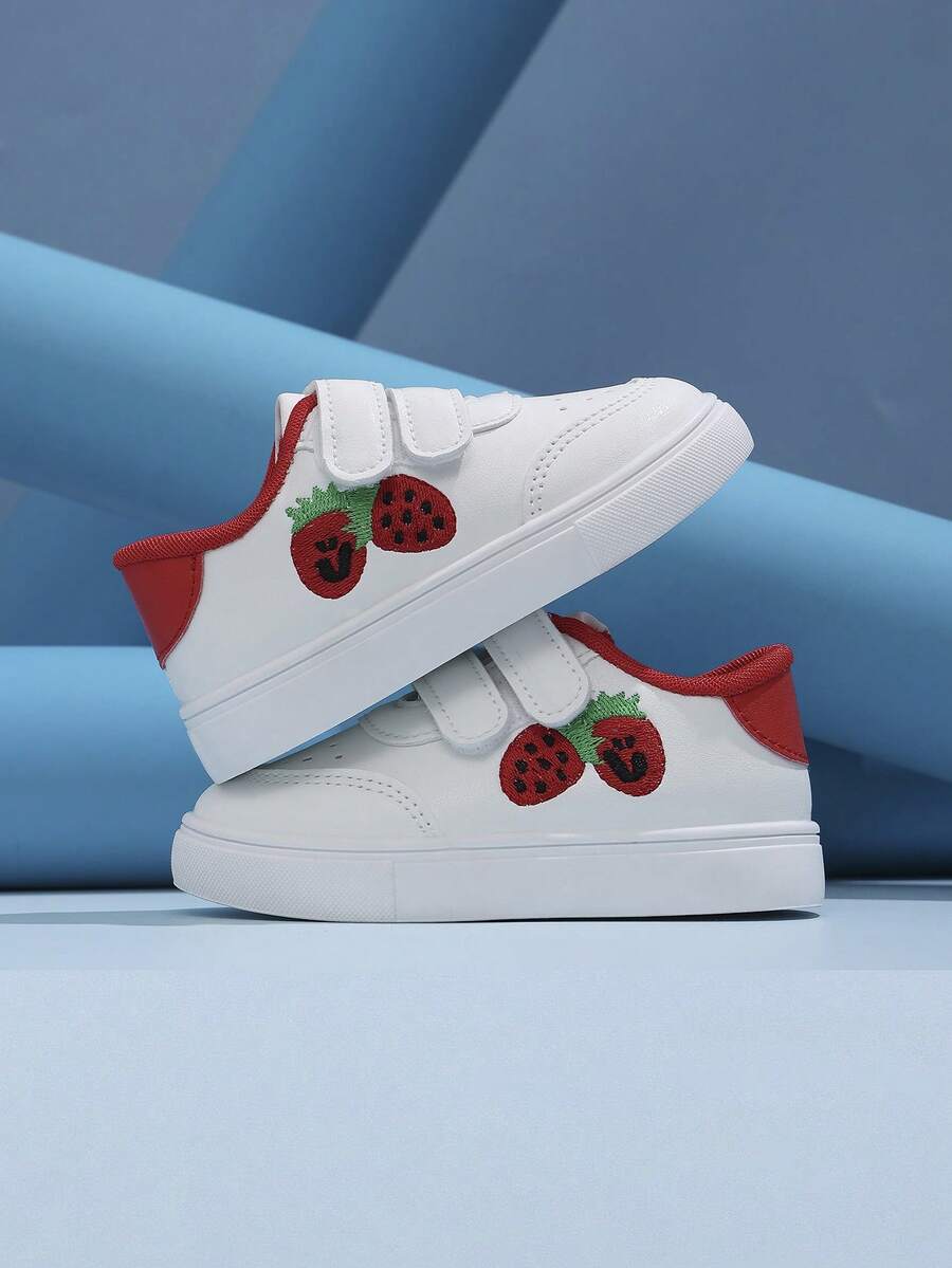 1 Pasang Sepatu Sneakers Putih Anti-Selip, Tahan Aus, Bernapas, Datar, dengan Perekat Velcro dan Logo Khas, Cocok Dipadukan dengan Rok - Red and White - View 1