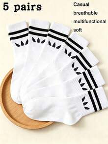 1/5 pares de calcetines unisex a rayas blancas de media pantorrilla, deportivos casuales minimalistas cómodos versátiles para uso diario, atuendo de vuelta a la escuela, adecuados para todas las estaciones - Blanco - Ver 9