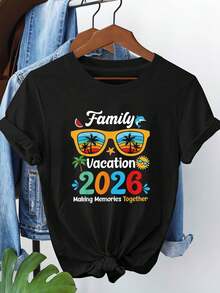 Women's Printed T-Shirt Family Holidays 2026 With "CREATING MEMORIES TOGETHER" Text Print, Short Sleeve Crew Neck T-Shirt For Women, Casual For Shopping, Holiday, Christmas Gift, Outfit For Friends Gatherings, Summer T-Shirt. - 黑色 - 查看 1
