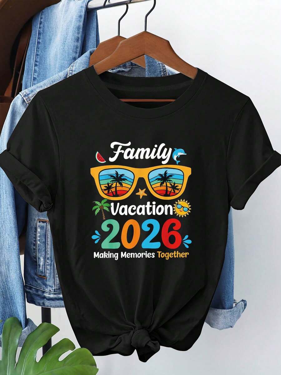 Women's Printed T-Shirt Family Holidays 2026 With "CREATING MEMORIES TOGETHER" Text Print, Short Sleeve Crew Neck T-Shirt For Women, Casual For Shopping, Holiday, Christmas Gift, Outfit For Friends Gatherings, Summer T-Shirt. - 黑色 - 查看 1