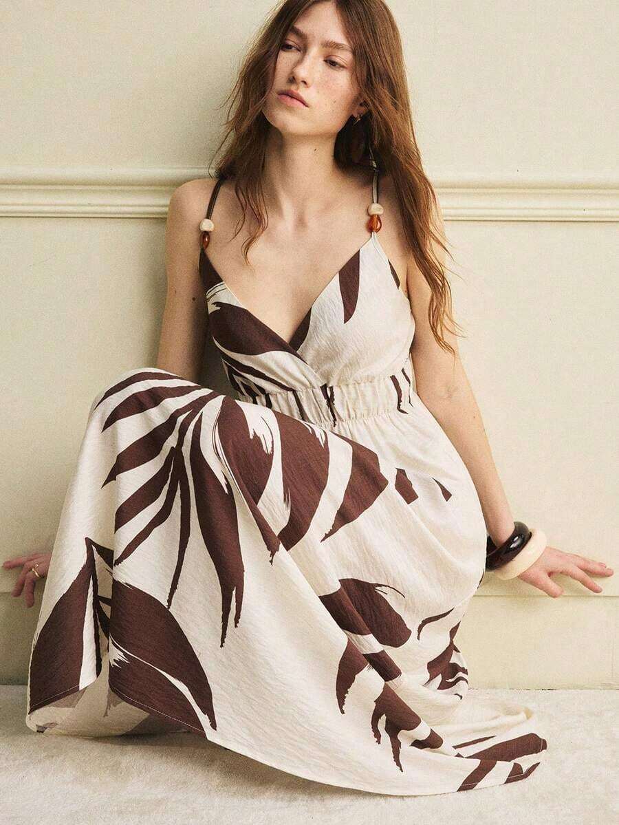 xheÉcloséra Vestido sin mangas con estampado de hojas, estilo casual de vacaciones, vestido de playa para mujerxhe - Caqui - View 1