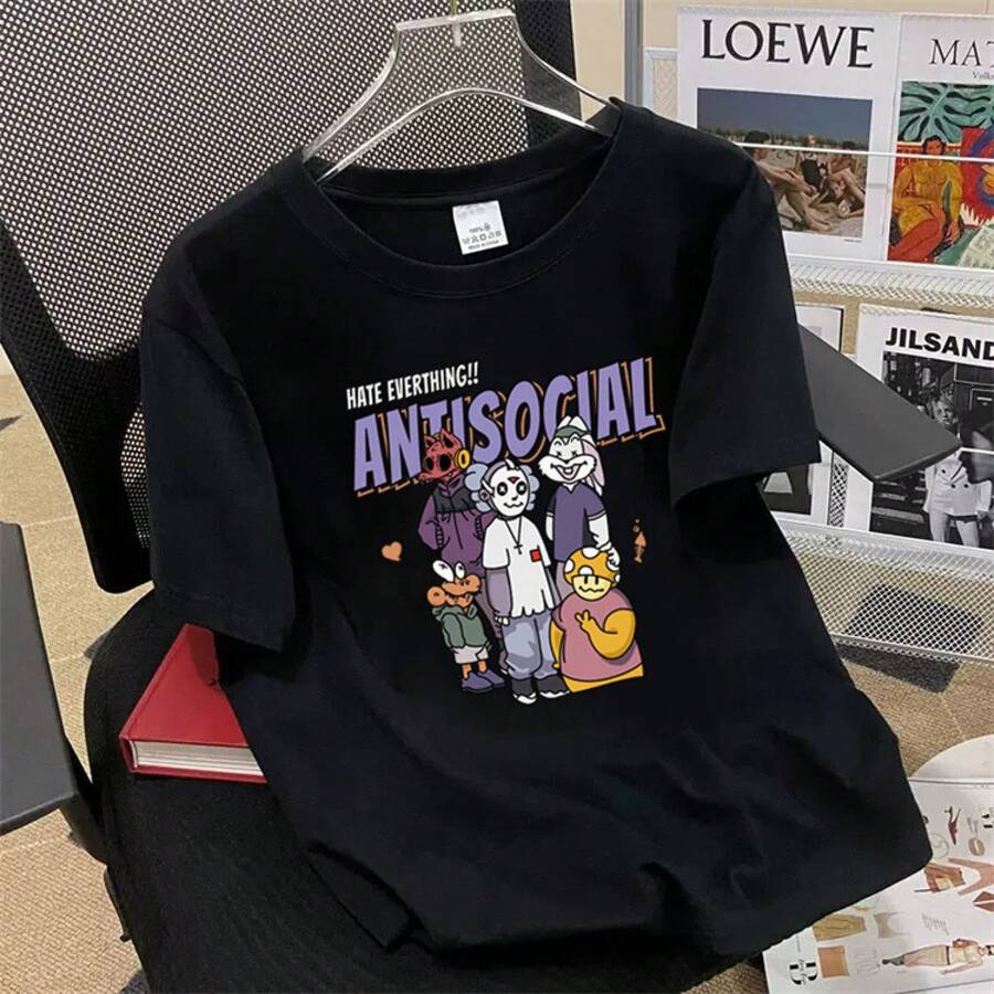 Special: Men's Short Sleeve Summer T-Shirt, Round Neck, Loose Fit, Modern Print, Fashionable Student Sports T-Shirt. - 黑色 - 查看 1