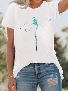 Camiseta de manga corta para mujer, confeccionada en algodón puro, con cuello redondo, un diseño informal de verano y el moderno estilo "Guerrera Libélula". - Blanco - Ver 1