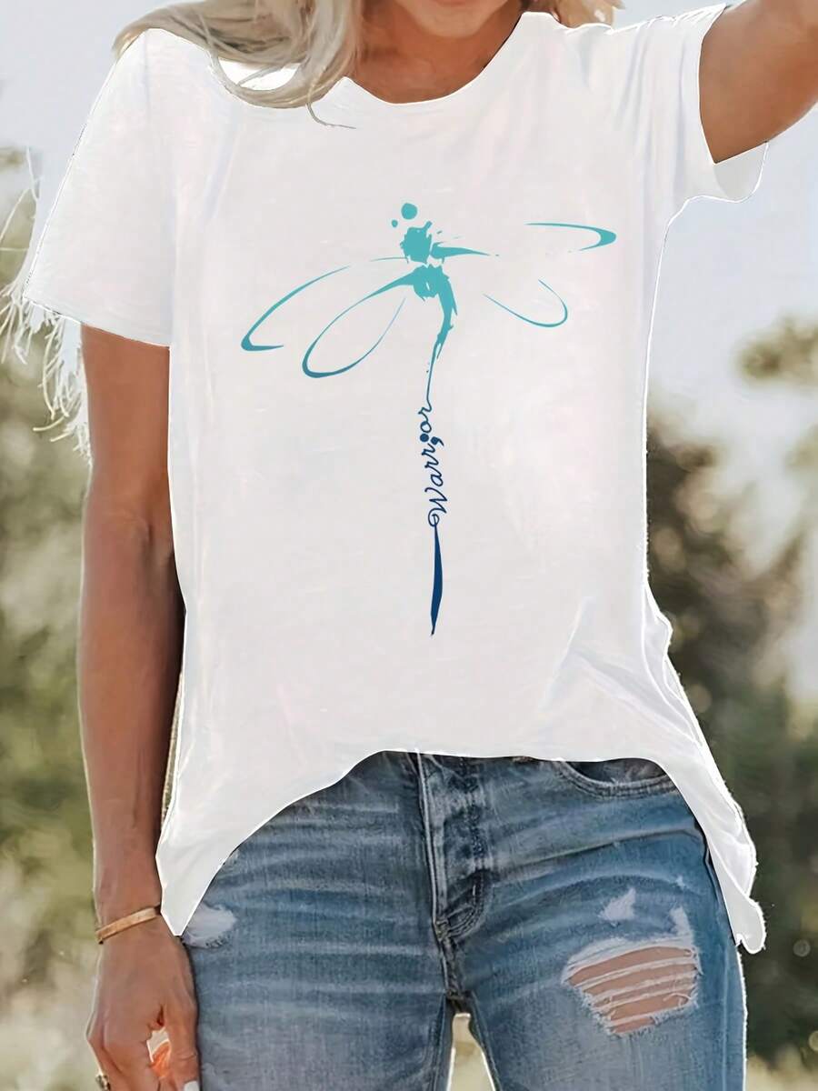 Camiseta de manga corta para mujer, confeccionada en algodón puro, con cuello redondo, un diseño informal de verano y el moderno estilo "Guerrera Libélula". - Blanco - Ver 1