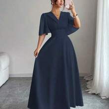 Nuevo vestido casual, versátil y elegante para mujer con cuello, cintura plisada, diseño de manga con volantes y parches de gasa - azul real - Ver 1