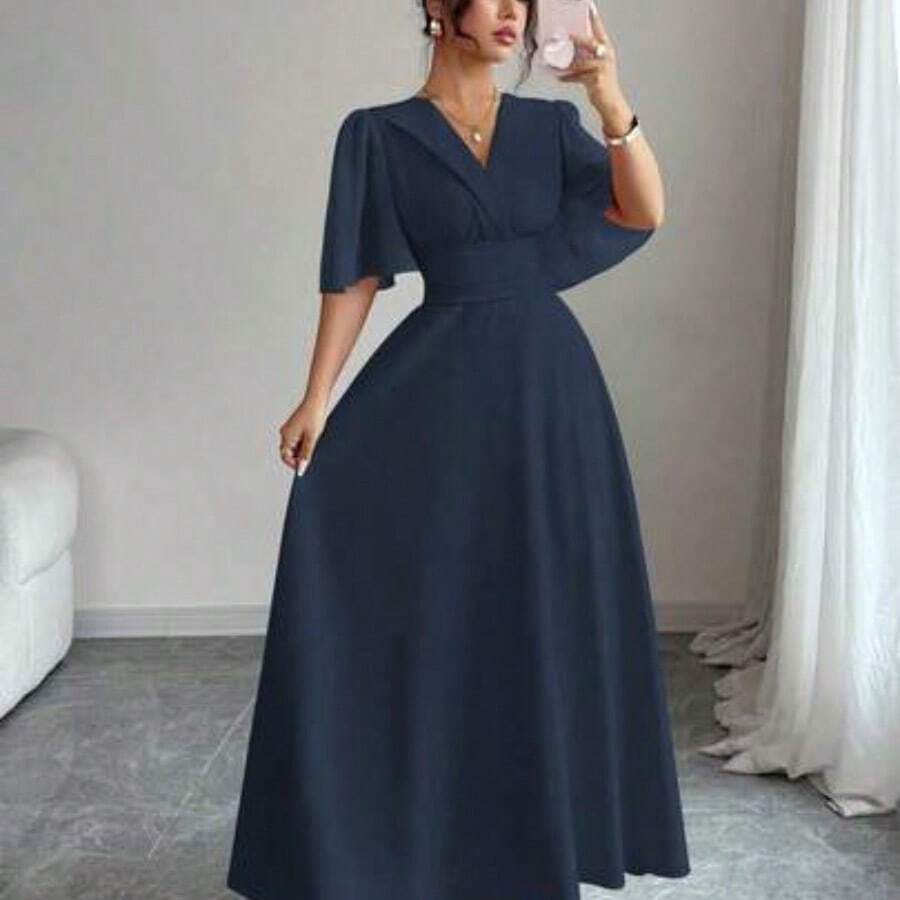 Nuevo vestido casual, versátil y elegante para mujer con cuello, cintura plisada, diseño de manga con volantes y parches de gasa - azul real - Ver 1