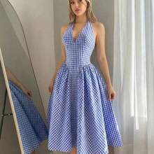 YijiaNvz  Vestido casual de mujer con espalda anudada a cuadros - Azul - Ver 1