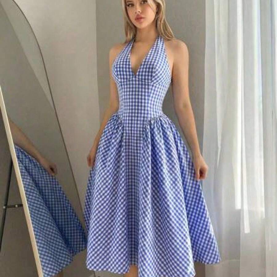 YijiaNvz Vestido casual de mujer con espalda anudada a cuadros - Azul - Ver 1