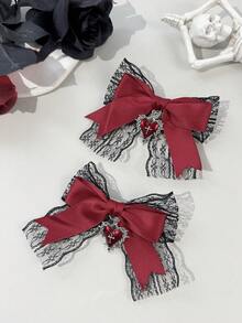 2pcs Gothic Style Lace Ribbon Heart Cross Accessories, Suitable For Holiday Costumes And Daily Wear For Gothic Enthusiasts,Clips For Hair - Burgundy - View 2