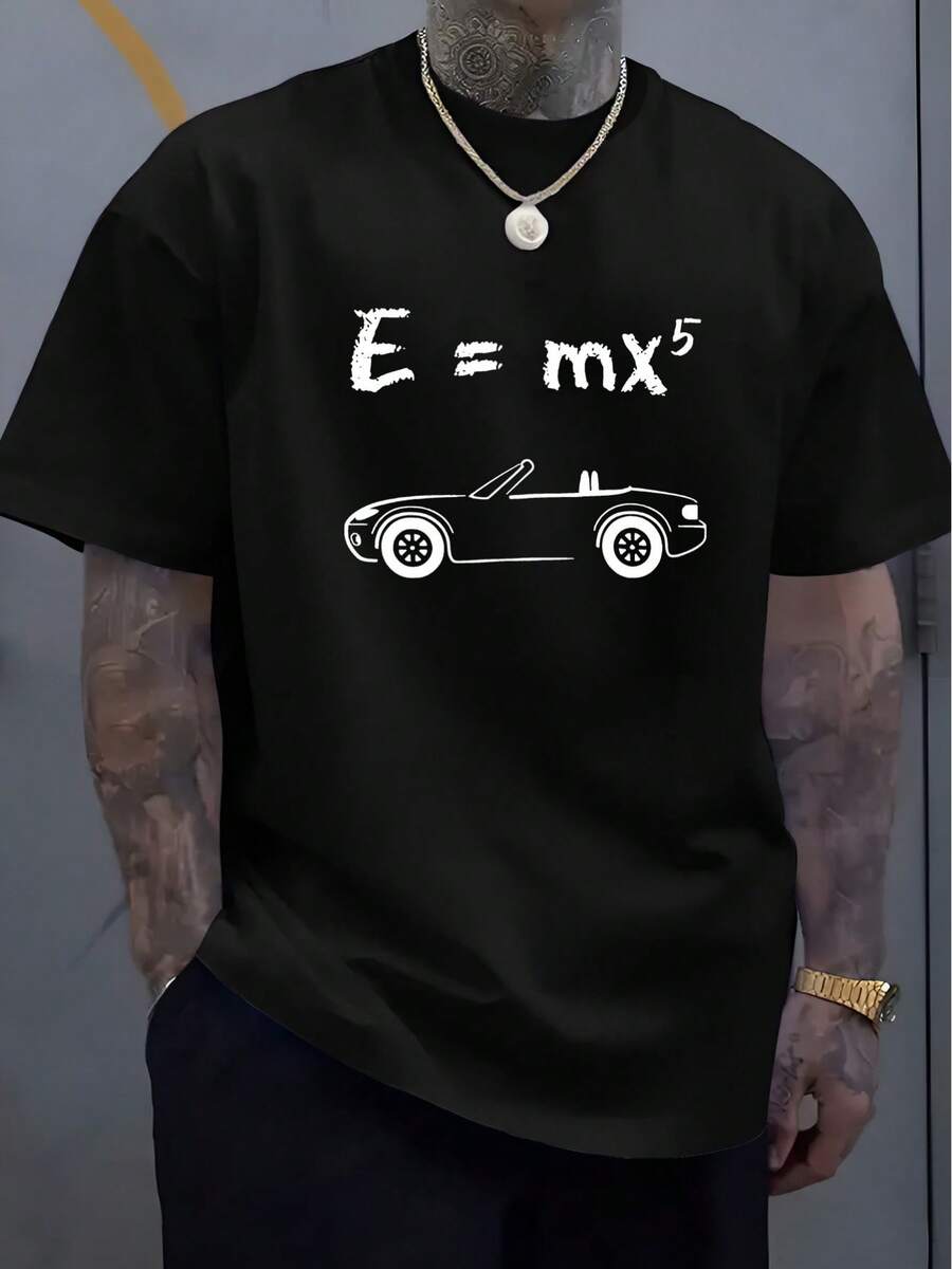 1 camiseta gráfica casual de verano para hombre - Poliéster ligero, corte regular, cuello redondo, con estampado "e=mx5" y diseño de coche, transpirable y cómoda para atuendos casuales. - Negro - Ver 1