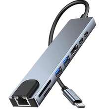 八合一 Type-C 转 HDTV 适配器集线器，带以太网端口 + HDTV 多功能读卡器、Type-C 转 4K HDTV 适配器、RJ45 SD/TF 快速充电读卡器、用于 4K 高清视频镜像的多功能集线器，兼容 MacBook 笔记本电脑和 Windows 电脑 - 灰色 - 查看 12
