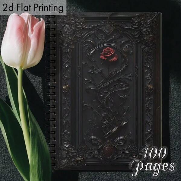 1 pieza Cuaderno espiral con rosa gótica vintage, impresión plana 2D, diario de estilo romántico oscuro, adecuado para registros de trabajo, regalos para mujeres y hombres, útiles escolares y de oficina