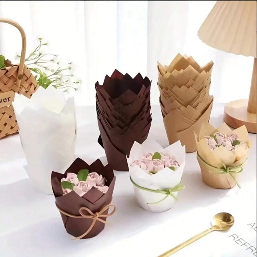 100pcs Tulip Cupcake Liners, Suitable For Baking Cups, EU Standard Size Tulip Muffin Liners, Cupcake Packaging Paper, Brown, White, Unbleached Natural, Suitable For Parties, Christmas