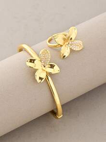 Juego de brazaletes de oro, versátil con textura de oro blanco y cobre incrustado de circonita, adecuado para uso diario, reuniones, citas, fiestas, regalos - Dorado - Ver 9