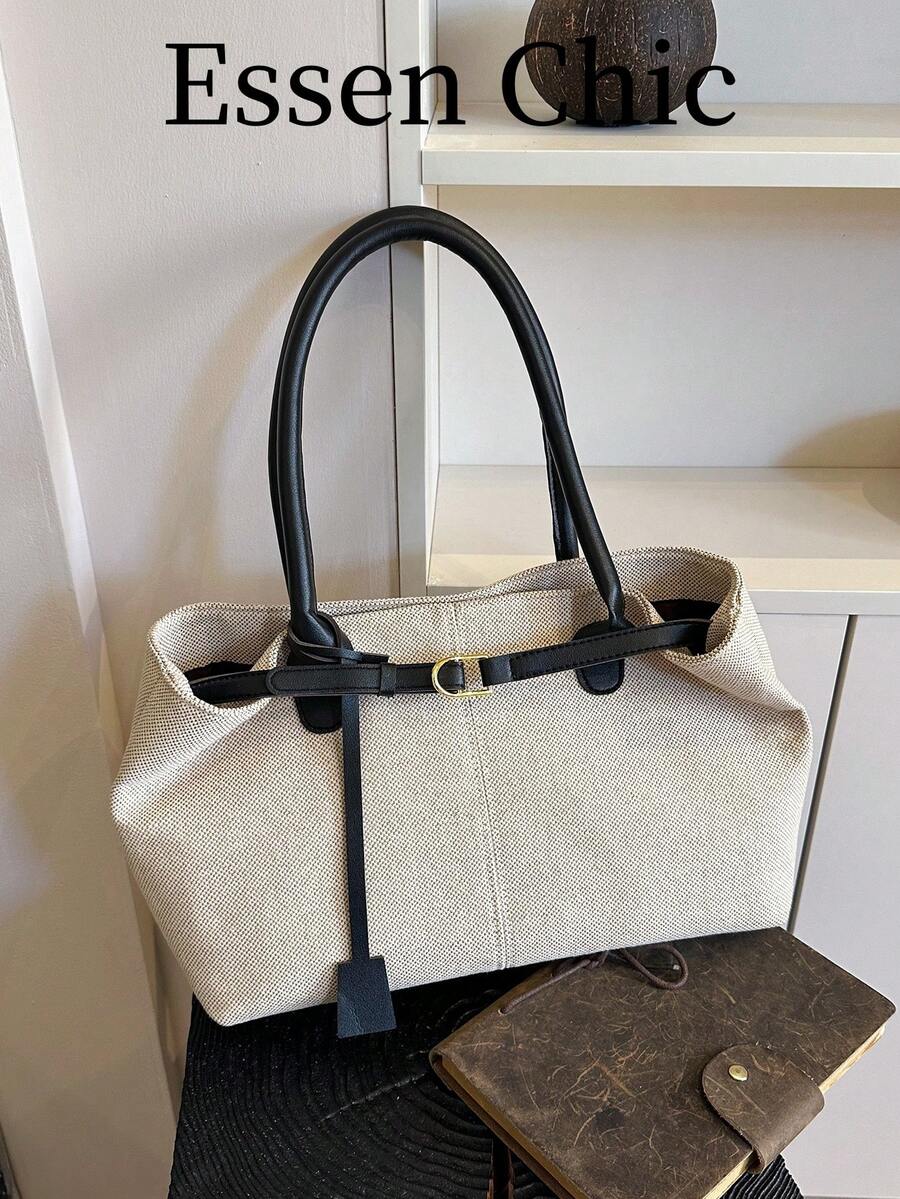 1pc Black Strap Decor Large Capacity Canvas Patchwork Tote Bag, Women Shoulder Bag