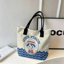 Miniso Túi tote vải canvas in hình Luffy chibi dễ thương từ One Piece với chữ "ONE PIECE" và họa tiết sóng biển, màu be, thích hợp sử dụng hàng ngày. - trắng - Xem 3