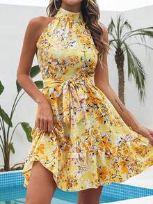 Elegant Floral Dress Spring Summer 2026, Ruffled Drawstring Wide Skirt For Women - Yellow - View 2