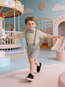 New Summer Fashion Handsome Boys 2-Piece Gentleman Suit Shirt + Suspenders Shorts New Little Groomsman Formal Suit Set Birthday Party Boys Gentleman Outfit Gift For Children Boys Clothing Birthday Party Boys Gentleman Shirt Set Boys Clothing Boys Clothing Fashion Boys Clothing Children Clothing - Champagne - View 11