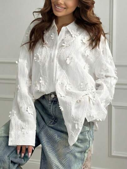 Blusa con botones delanteros blancos y aplicaciones florales, camisa de manga larga para uso casual de oficina o citas para mujeres