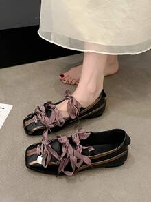 1 Pair Women's Ballet Flats, Mother Shoes, Square Toe, Hollow Breathable, Lace Stripe, Gold & Black Color Block, Fashionable Design, Metal Decor, Daily Wear, Commute & Party, Versatile Popular Women Shoes - Black - View 7