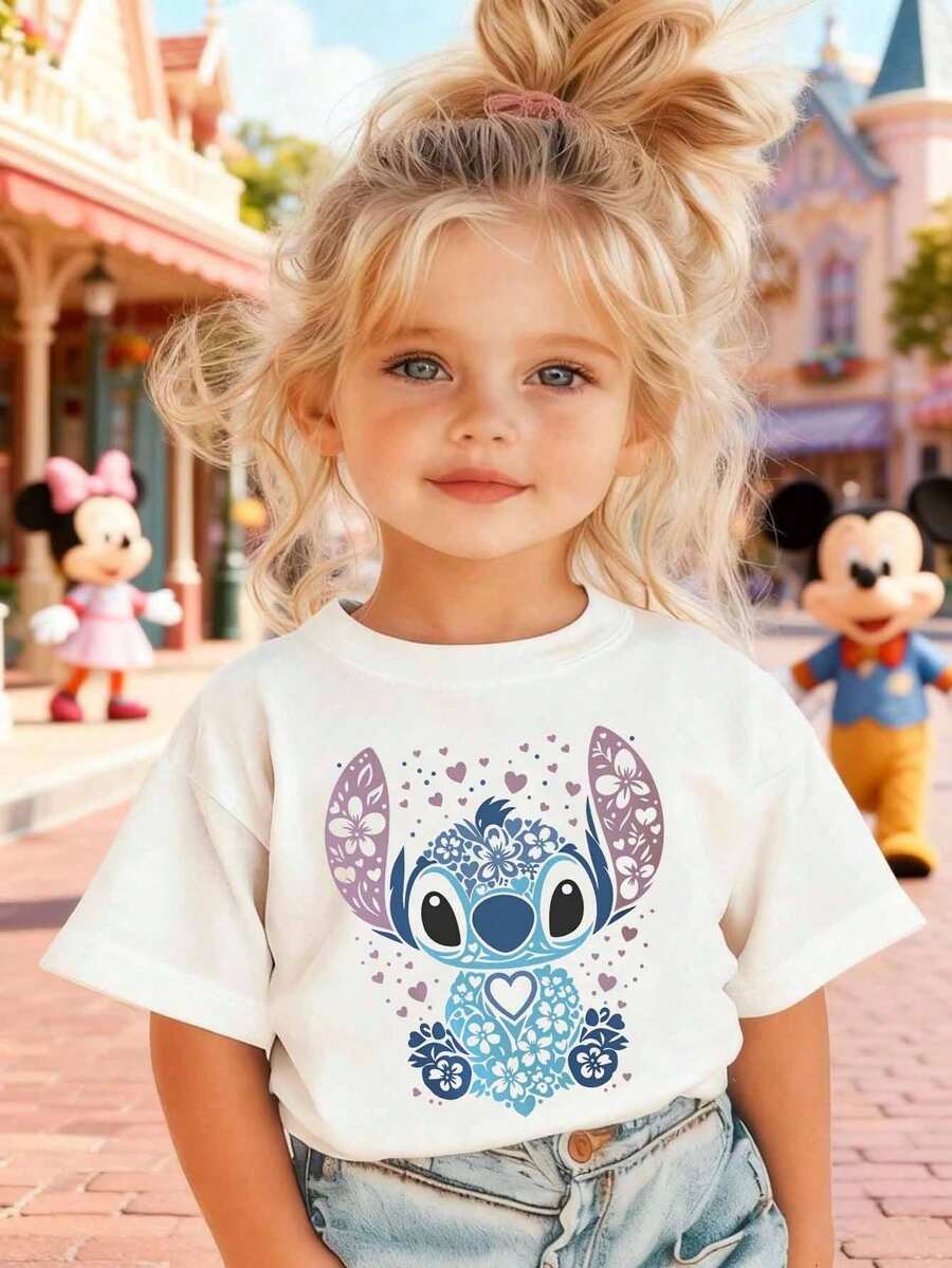 Girls' Adorable Disney T-Shirt Featuring A Charming "Lilo & Stitch" Floral And Heart Print - A Cute, Artistic-Style Short-Sleeve Top With A Stitch Graphic; Sweet, Casual, Soft, Breathable, And Comfortable. - trắng - Xem 1