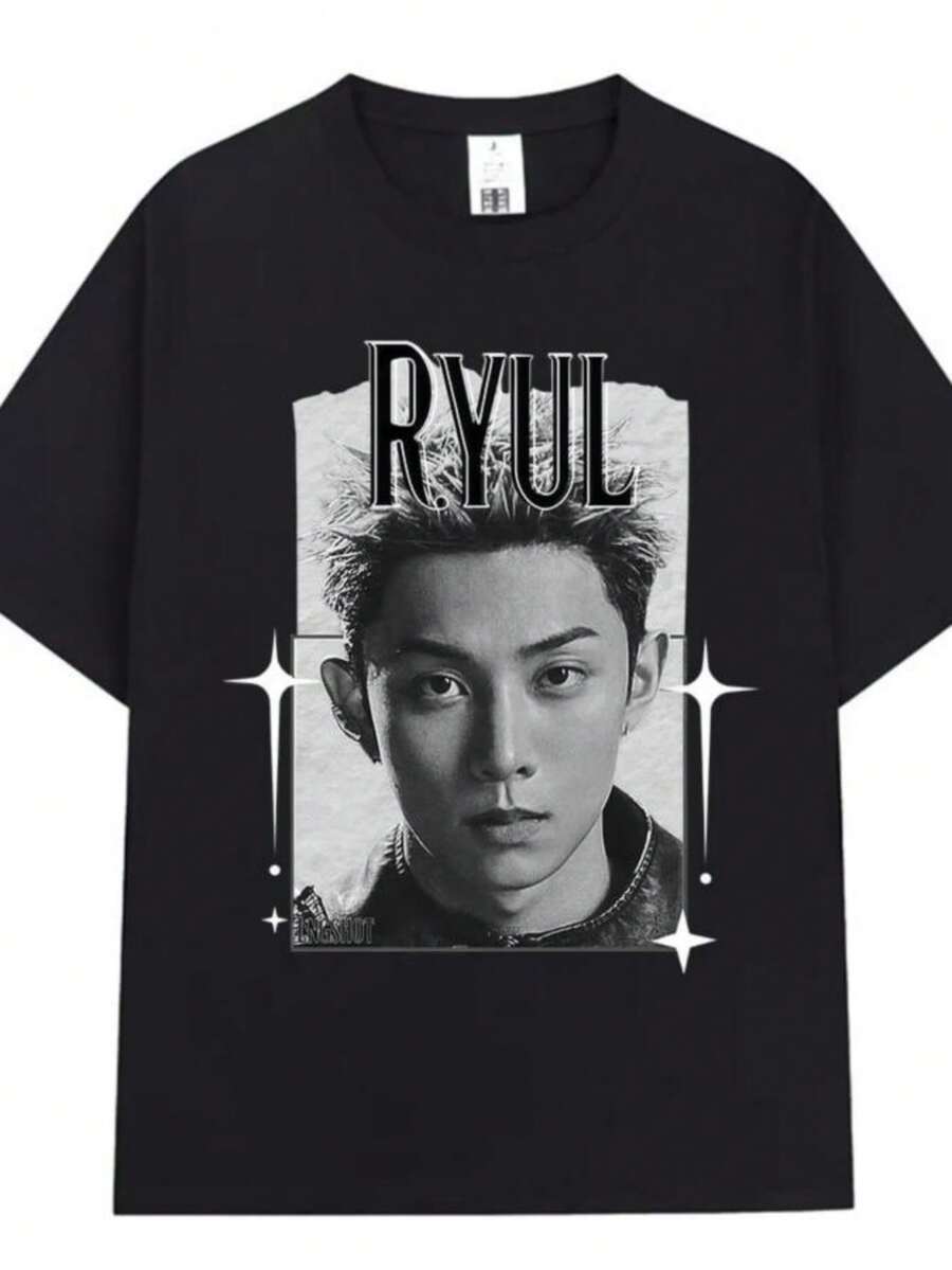 Korean Kpops Hip Hop Group Lngshot RYUL T Shirt Men Women Clothing Fashion Harajuku Pure Cotton Casual Short Sleeve T-Shirts - 黑色 - 查看 1