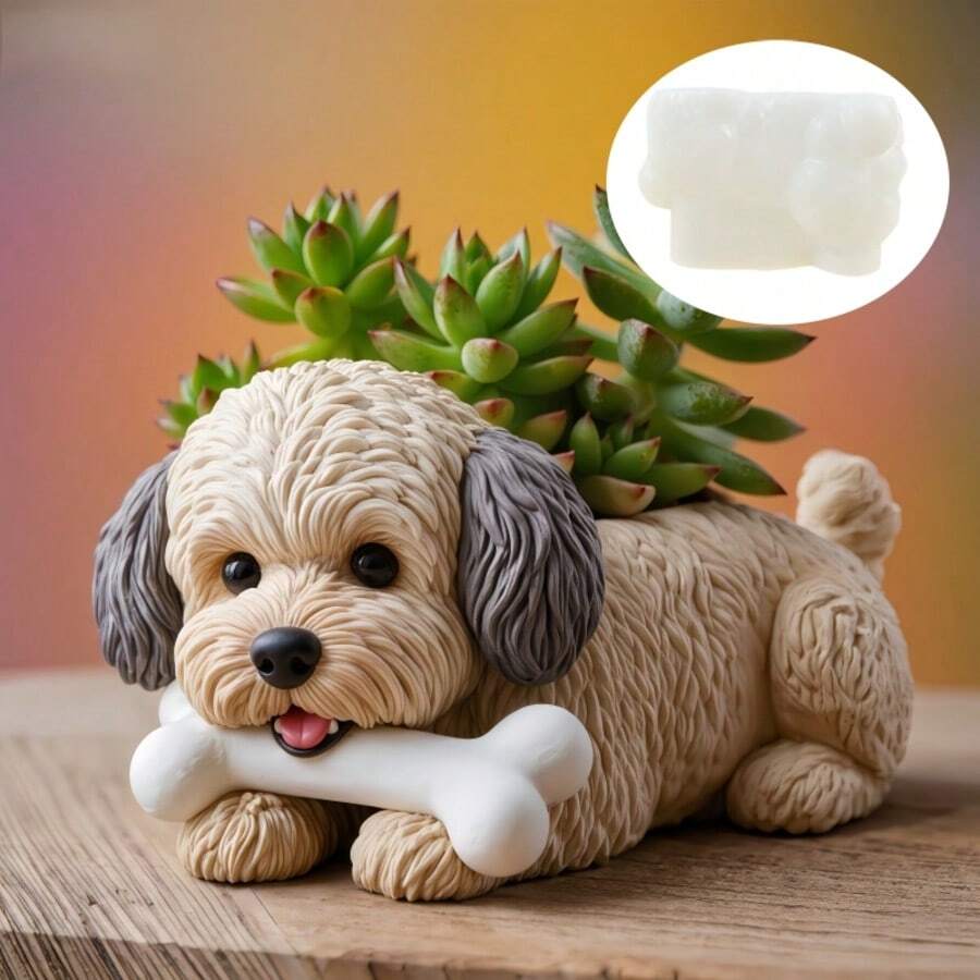 SUPWANPENG 可愛小狗造型多肉植物花盆矽膠模具 狗咬骨頭樹脂石膏花盆模具 水泥混凝土花盆模具 手工藝模具 裝飾禮品 - A - 查看 1