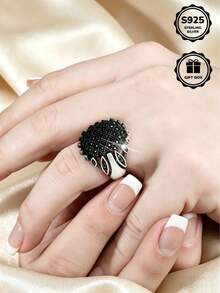 1pc S925 Sterling Silver Ring With Black Synthetic Cubic Zirconia, Perfect For Daily Wear And Anniversary Gift, Comes With Gift Box - Silver - View 4
