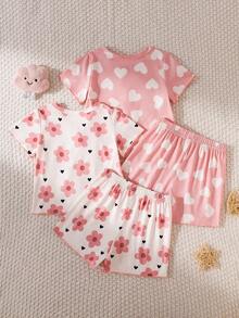 4 Stück/Set süßer Neugeborenen Baby rosa Herz & Blumen Muster Kurzarm Strickjacke + bequeme Shorts Pyjama Set, Kleinkind Hauskleidung - Verschiedenfarbig - Übersicht 3