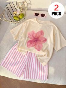 2pcs/Set Girls Outfit, Includes 1pc Round Neck Short Sleeve T-Shirt And 1pc Pink & White Vertical Striped Casual Shorts With Floral Print, Suitable For Summer - Multicolor - View 1
