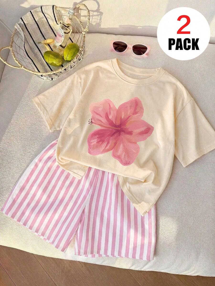 2pcs/Set Girls Outfit, Includes 1pc Round Neck Short Sleeve T-Shirt And 1pc Pink & White Vertical Striped Casual Shorts With Floral Print, Suitable For Summer - Multicolor - View 1