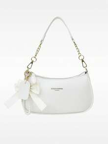 Fashionable New Shoulder Bag, Decorated With Patterns And Bow Pearl Pendants, Solid Color PU Waterproof Fabric Shoulder Bag, Crescent Bag, Armpit Bag, Summer Crescent Bag, Beach Vacation, School Season, Women's Wallet, Very Suitable For Various Occasions Such As Shopping, Going Out, And Daily Use - trắng - Xem 1