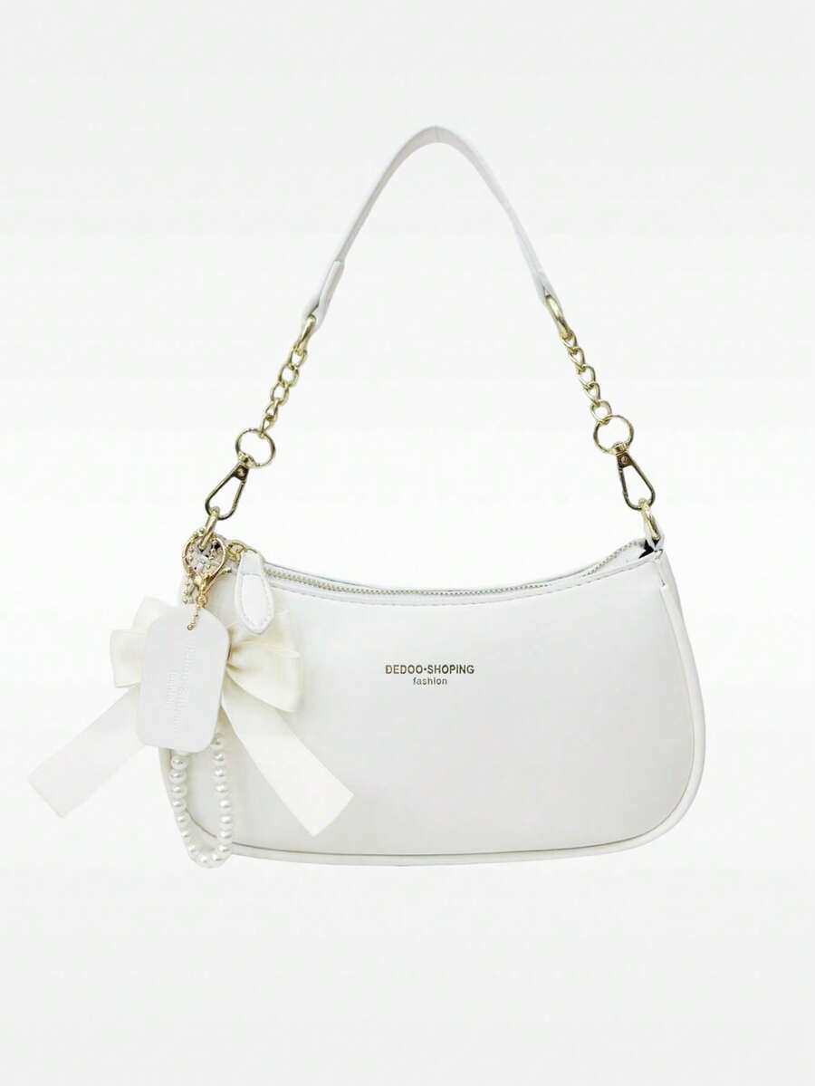 Fashionable New Shoulder Bag, Decorated With Patterns And Bow Pearl Pendants, Solid Color PU Waterproof Fabric Shoulder Bag, Crescent Bag, Armpit Bag, Summer Crescent Bag, Beach Vacation, School Season, Women's Wallet, Very Suitable For Various Occasions Such As Shopping, Going Out, And Daily Use - trắng - Xem 1