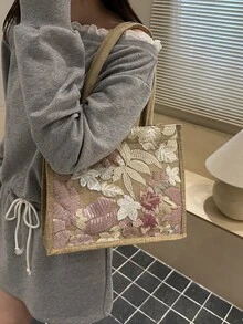 时尚新颖的花卉亮片刺绣优雅手提包，经典多功能大容量实用女士单肩包，适合购物、携带钱包、年轻女性、大学生、职场新人及白领人士。非常适合办公室、大学、工作、商务、通勤、户外活动、旅行和郊游等场合。 - 彩色 - 查看 6