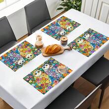 猫头鹰图案亚麻餐垫（1件/4件/6件装），适用于餐桌，四季皆宜，现代可水洗，家居装饰，杯垫，厨房餐垫，室内外派对装饰，理想礼品 - 彩色 - 查看 1
