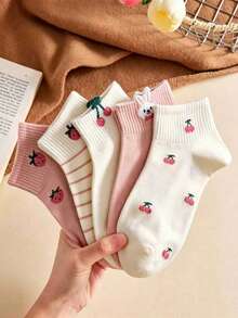 5 Pairs Women's Cute Sweet Breathable Strawberry Cherry Rabbit Pattern Short Invisible Ankle Socks, Casual Fashion White Pink, Suitable For Spring, Summer And All Seasons Wear - Multicolor - View 3