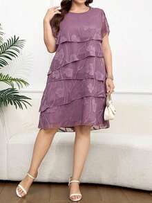 Reflora Vestido de moda con cuello redondo, mangas con volantes y estampado floral para mujer de talla - Morado - Ver 4