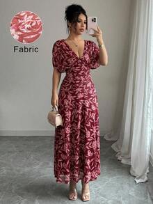 Vestido elegante de estilo francés para vacaciones, con cuello en V, hombros descubiertos, drapeado y silueta evasé, adecuado para la playa, elé de la tarde y fiestas - Burdeos - Ver 1