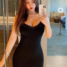 guang zhou mi qian shang mao  Vestido camisero de verano informal de unicolor con ribete de encaje, vestidos de sol para mujeres - Negro01 - Ver 5
