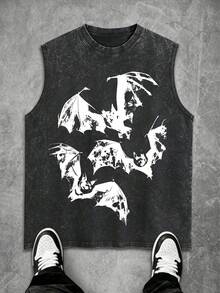 Gothic Bat Skeleton Wings Graphic Washed Sleeveless Tank Top Men, Retro Distressed  Independence Day Of The United States Punk Streetwear Casual Vest - 黑色# - 查看 1