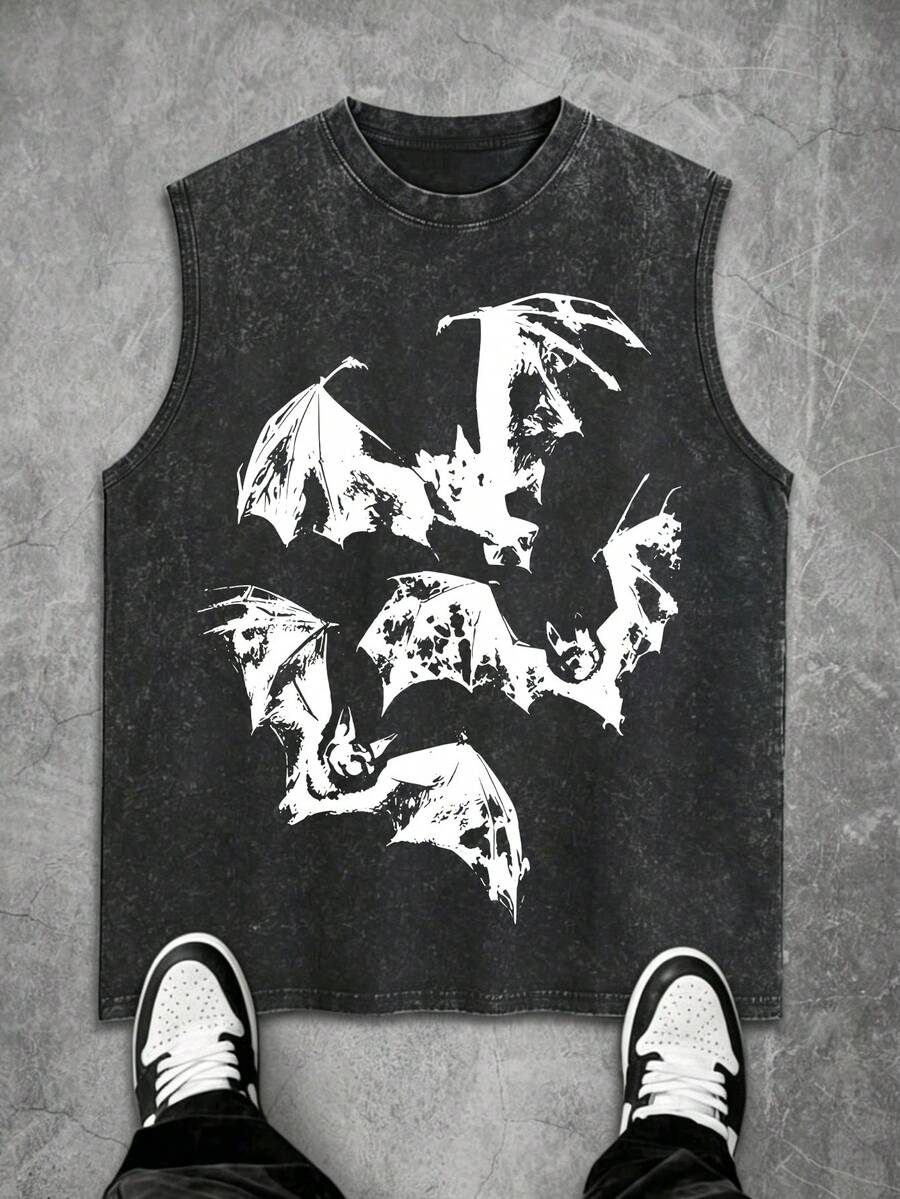 Gothic Bat Skeleton Wings Graphic Washed Sleeveless Tank Top Men, Retro Distressed Independence Day Of The United States Punk Streetwear Casual Vest - 黑色# - 查看 1