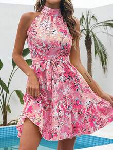 Elegant Floral Dress Spring Summer 2026, Ruffled Drawstring Wide Skirt For Women - Coral Pink - View 3
