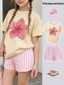 2pcs/Set Girls Outfit, Includes 1pc Round Neck Short Sleeve T-Shirt And 1pc Pink & White Vertical Striped Casual Shorts With Floral Print, Suitable For Summer - Multicolor - View 3