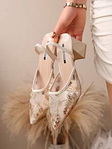 New Chinese Style White High Heel Mules, Pointed Toe Lace Embroidery Convertible Sandals For Women - Gold - View 5