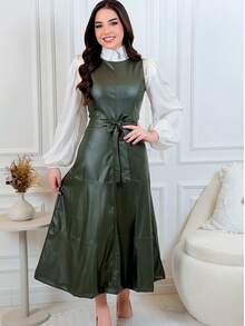 Midi Dress With A Flared, Fitted Waist In Faux Leather. Modest And Elegant Fashion. Conservative/Modest. Suitable For Parties, Casual Wear, Boho, Formal And Evening Wear, Office, Everyday Wear, Autumn/Winter. - 軍綠色 - 查看 4
