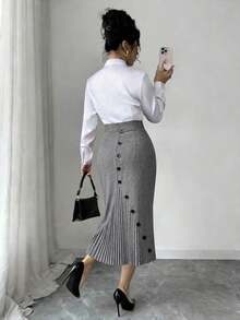 Falda lápiz plisada elegante y ajustada para mujer - Gris - Ver 6